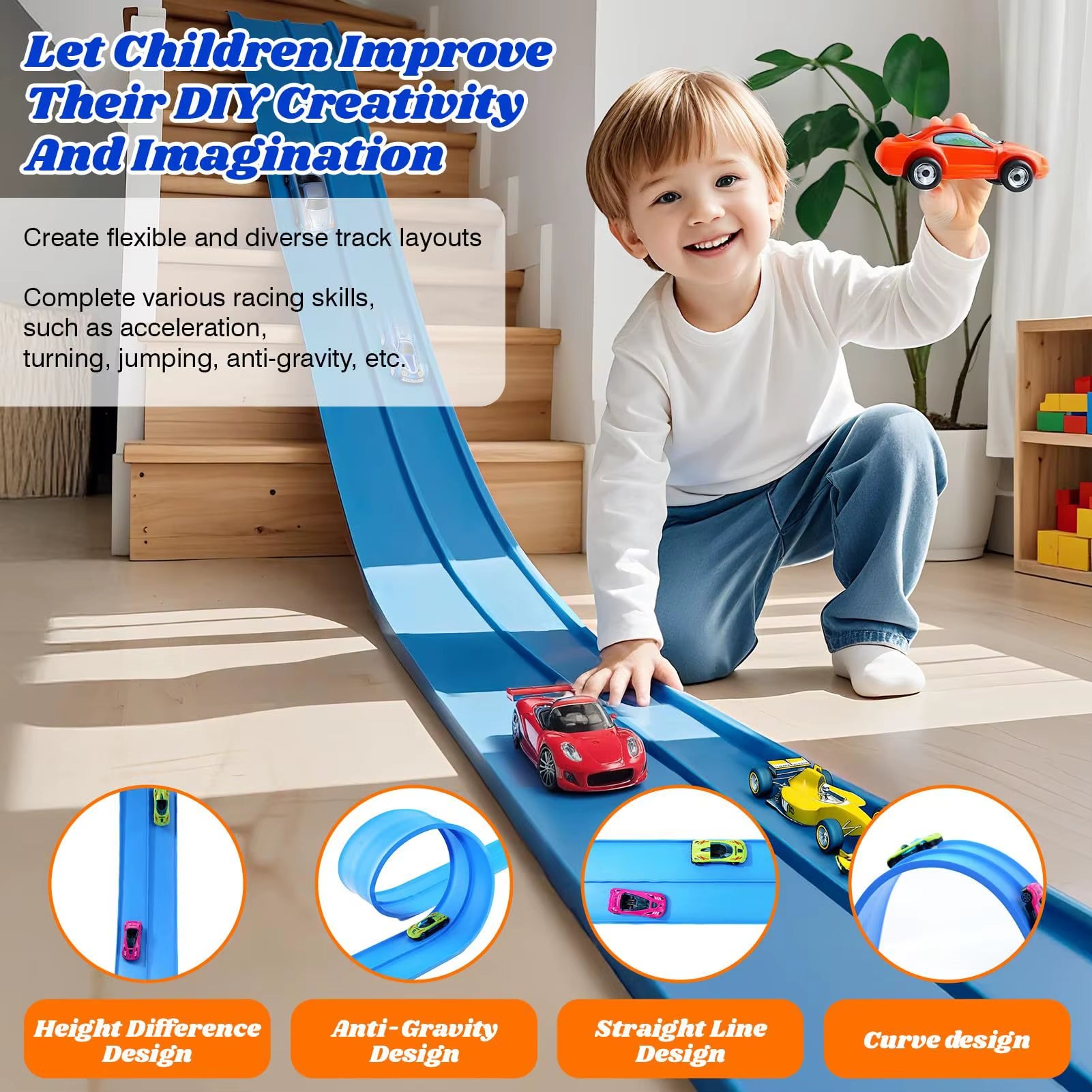 Flexible Race Track Children Toys DIY Double-Track Racing Car Ramp Track Compatible 1/64Th Cars Portable Rolls up Race Tracks